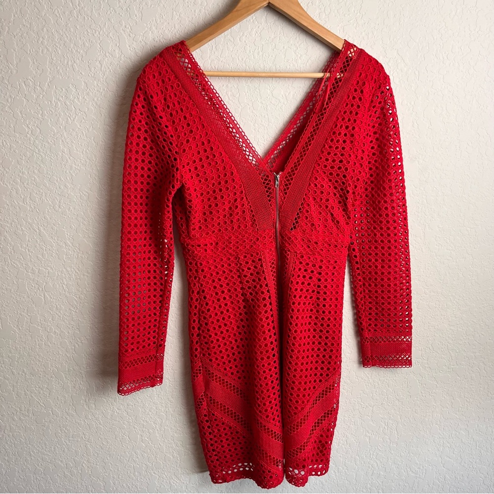 ASTR The Label Red Lace Bodycon Mini Dress Small S Long Sleeve Cutout Eyelet - Picture 9 of 11